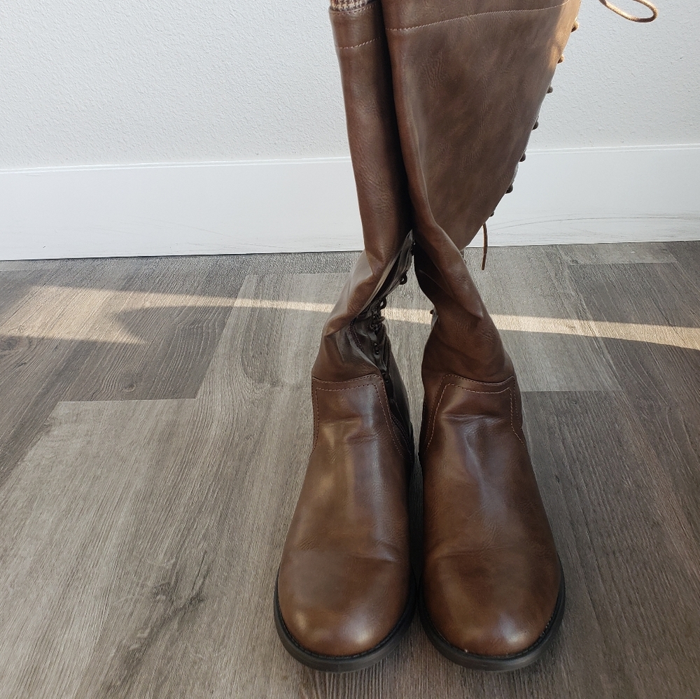 Torrid Chestnut Faux Leather Plaid-trimmed Lace Back Knee-High Boots Sz 11W